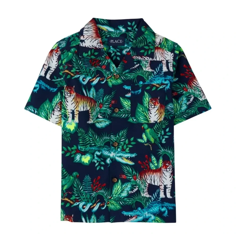 The Children's Place Button Up Kid 4T Blue Jungle Animal Poplin Shirt Safari Zoo